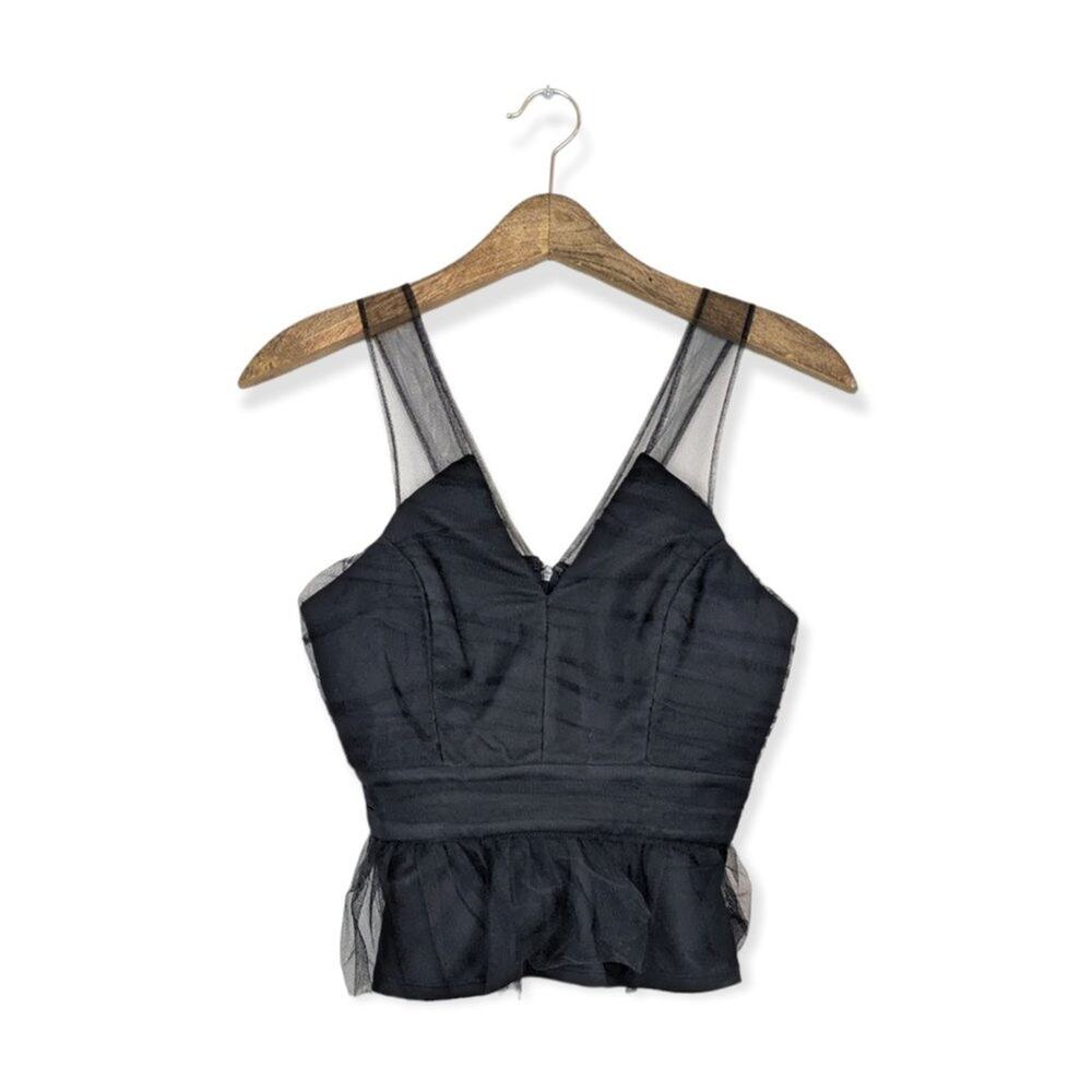 BCBGeneration Black Mid Tulle Crop V-Neck Top